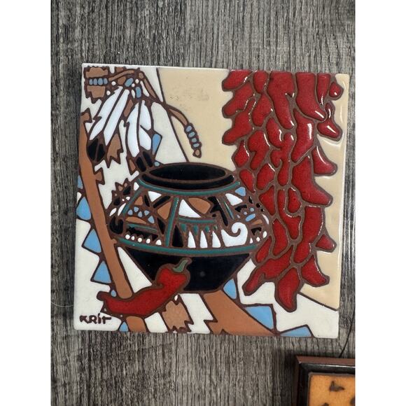 Vintage Earthtones Southwestern Art 6” Tiles Set 1990s Hand painted KRIT - Picture 2 of 11
